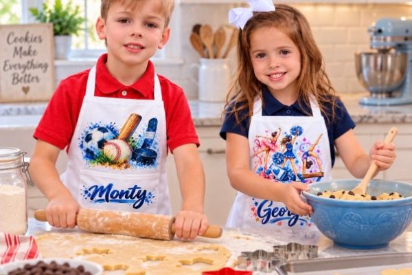 Two children baking in white aprons, one printed with a sports design and the name Monty, the other with a cheerleading design and the name Georgia