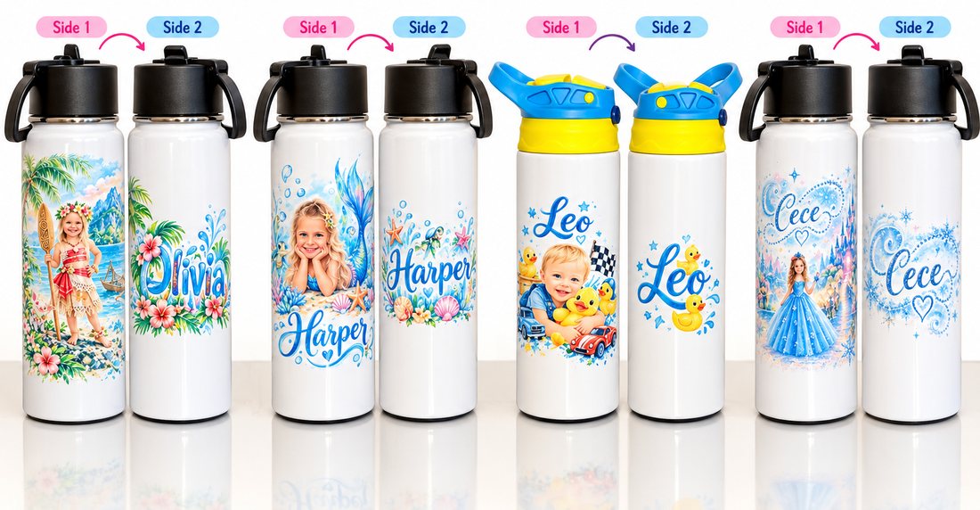Four bottles shown front and back: a portrait on side one, the child's name in matching artwork on side two.