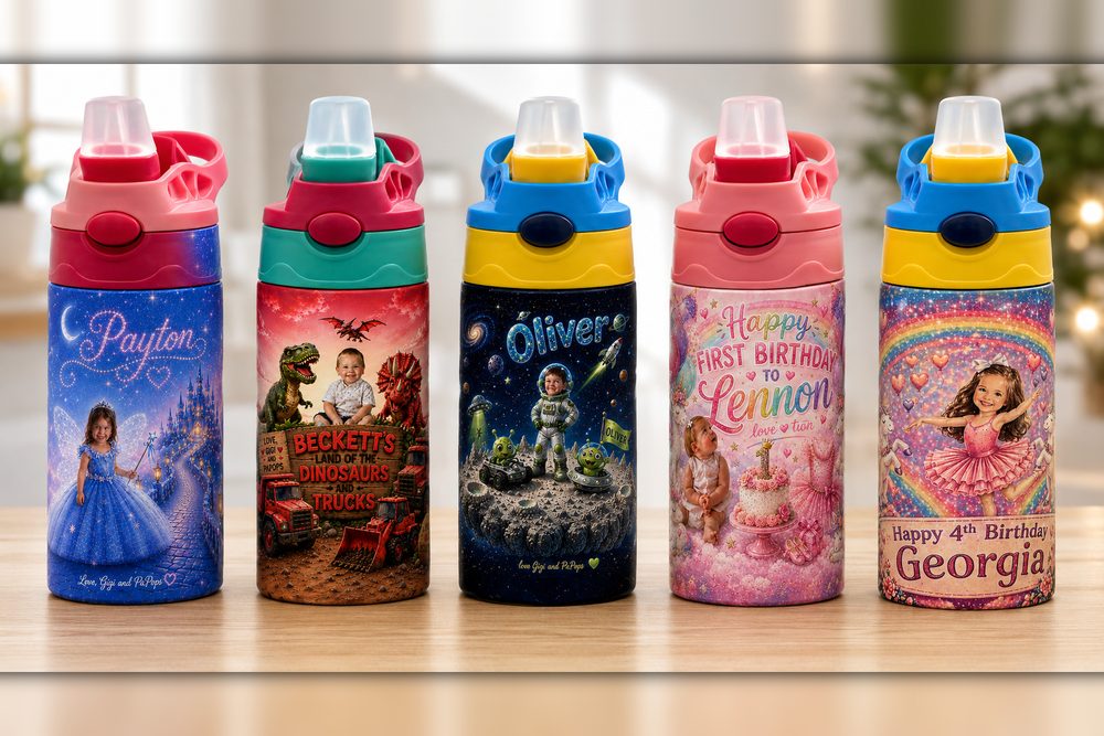 Five children's water bottles printed with names, portraits and birthday designs