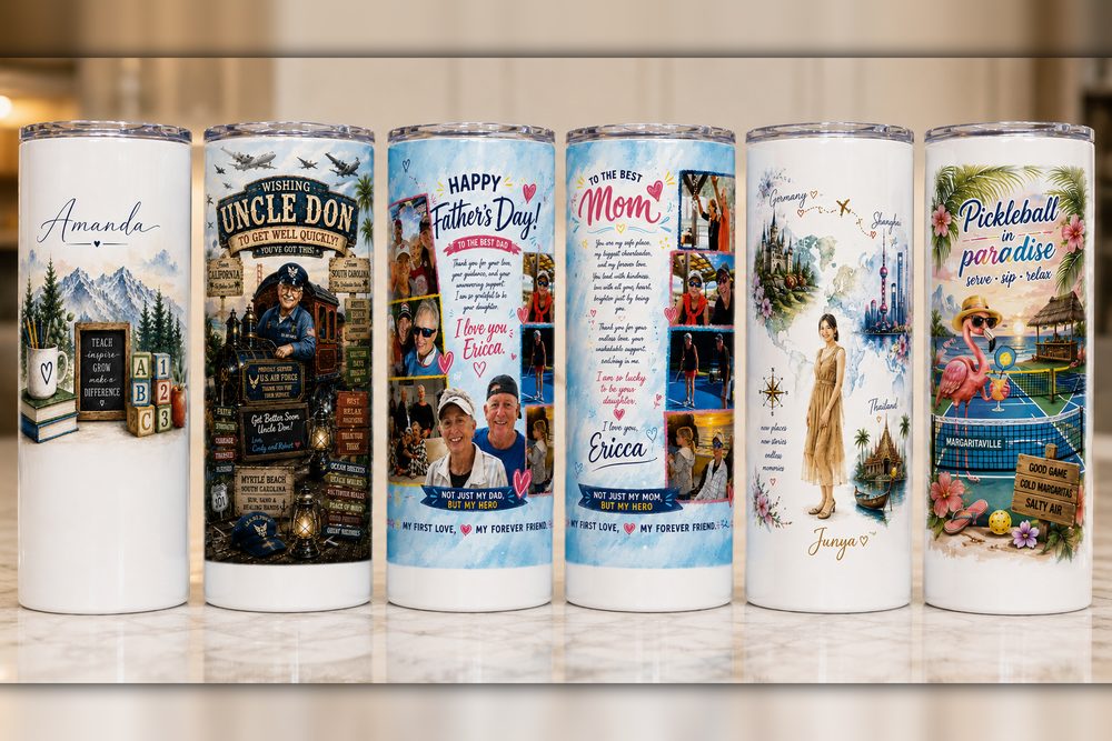 Six tall skinny tumblers printed with photo collages for Father's Day, Mother's Day, travel and pickleball themes
