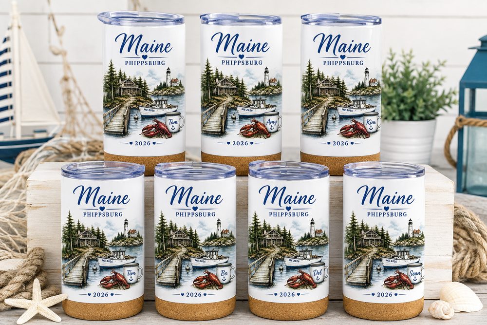 Seven cork-bottomed insulated tumblers printed with a Maine harbour scene and individual names